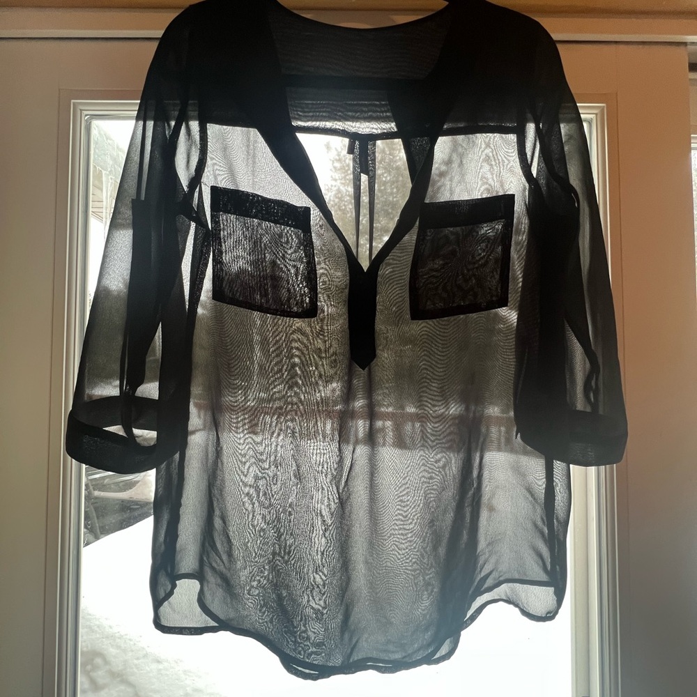✅ 5/$25 Maurices small Black sheer blouse top 3/4 sleeve lose fit dressy pockets